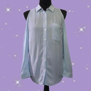 Women’s Ambiance Apparel Blue and White Striped Cold Shoulder Oxford Shirt